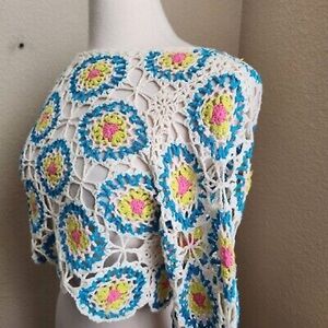 Colorful Crochet Knit Crop Top - Long Sleeve -Festival